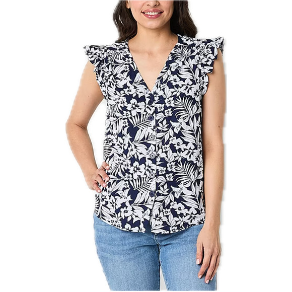 St. John's Bay Tops - St. John's Bay Linen Ruffled Sleeveless Blouse 3X Blue White Tropical Hawaiian